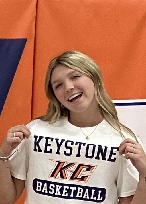 Photo of Emma Sturm in Keystone College athletic department 'basketball' t-shirt.